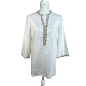J.McLaughlin linen cotton blend tunic top with a V-neck and decorative trim Med.